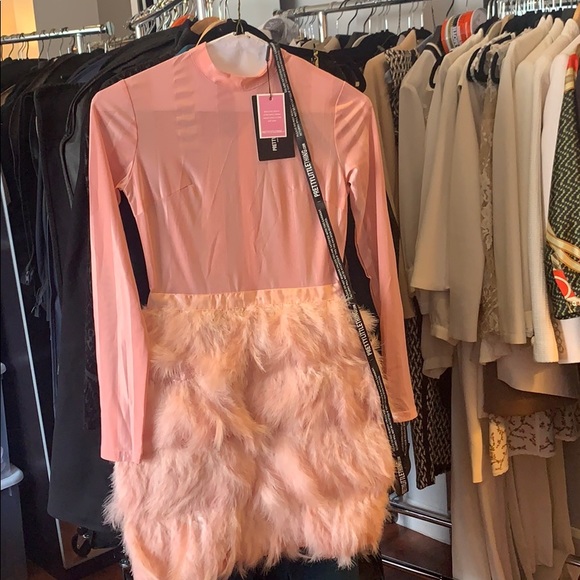 dusty pink feather skirt bodycon dress